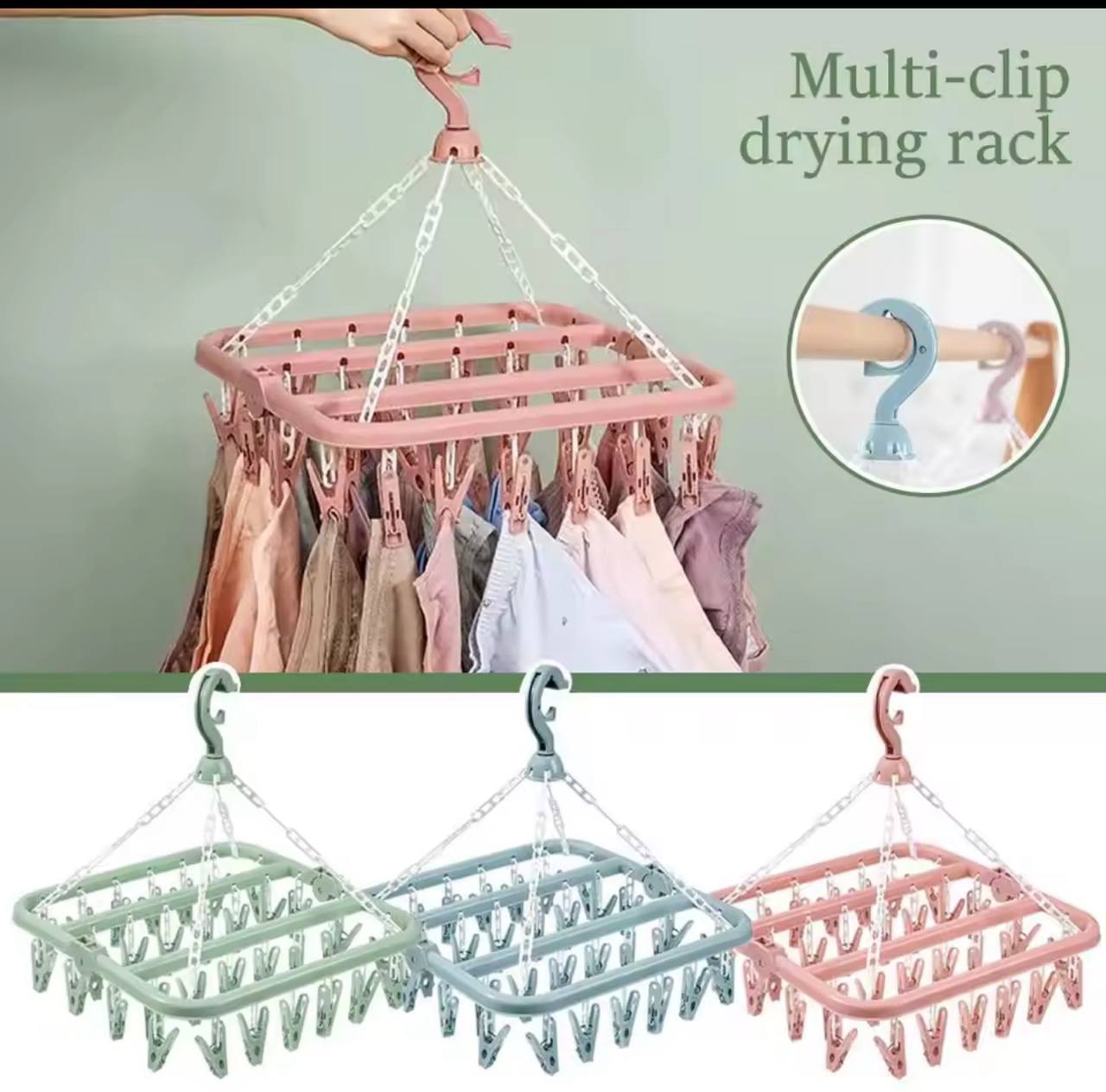 Multifunctional Clothes Drying Rack with 32 Clips Windproof Socks Drying Hanger Household Essential